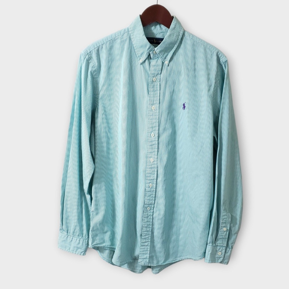 Ralph Lauren Mens Pinstripe Button Down Shirt Long Sleeve Teal White Pony Large